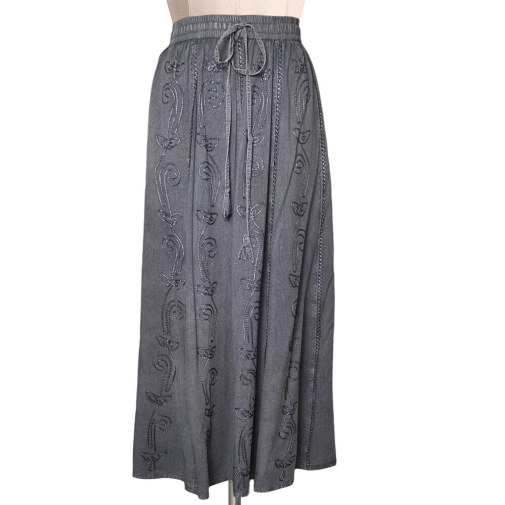 CATALOG CLASSICS Gray BOho Embroidered Long Maxi Skirt L